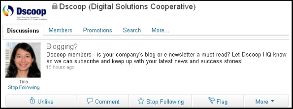 Dscoop's Post on their LinkedIn Group -- Seeking Member Blogs